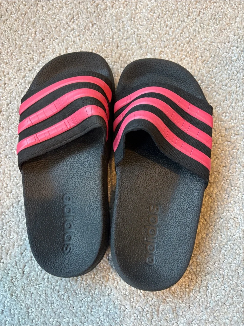 adidas Kids Black Slides with Pink Stripes